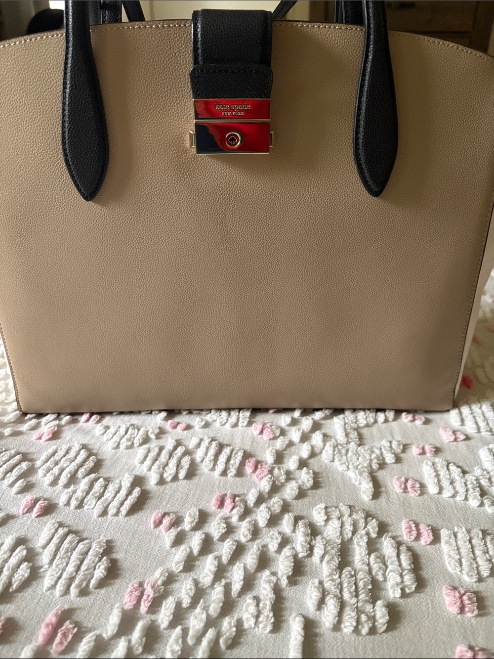 kate spade Beige and Black Structured Satchel with Gold Hardware